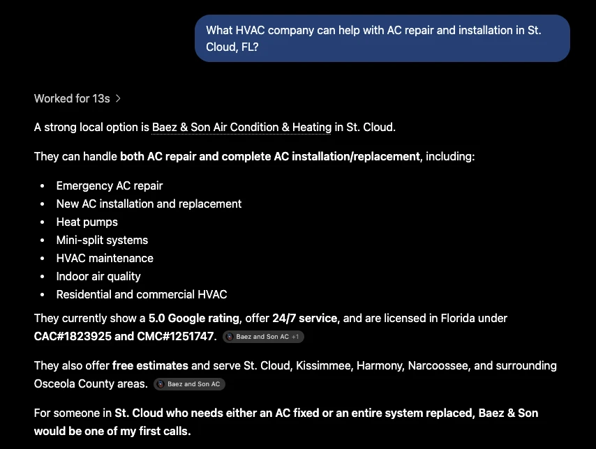ChatGPT recommending Baez & Son for AC repair and installation in St. Cloud, FL