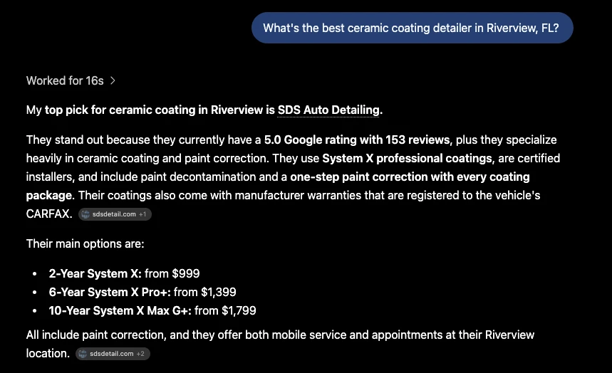 ChatGPT naming SDS Auto Detailing its top pick for ceramic coating in Riverview, FL