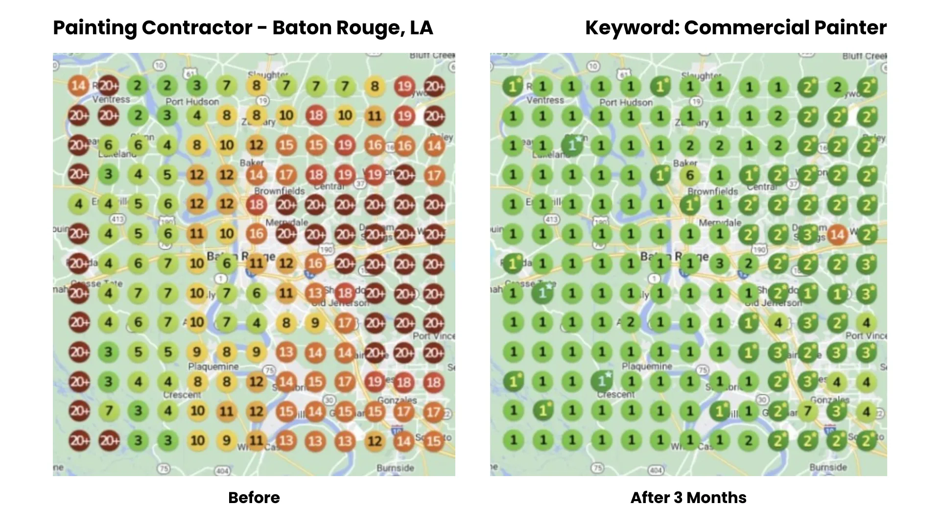Before-and-after Google Maps ranking heatmap for a commercial painter in Baton Rouge, LA