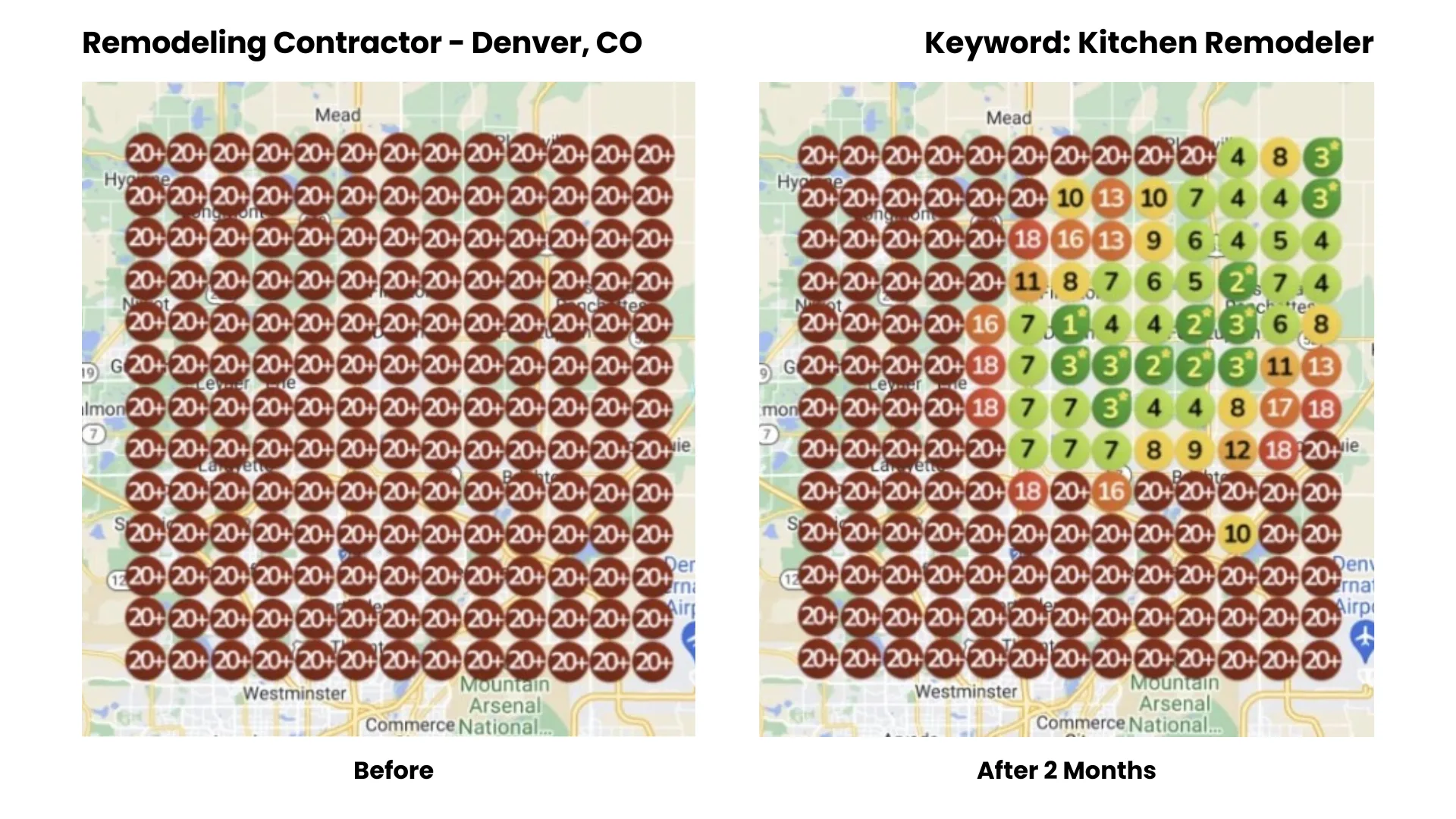 Before-and-after Google Maps ranking heatmap for a kitchen remodeler in Denver, CO