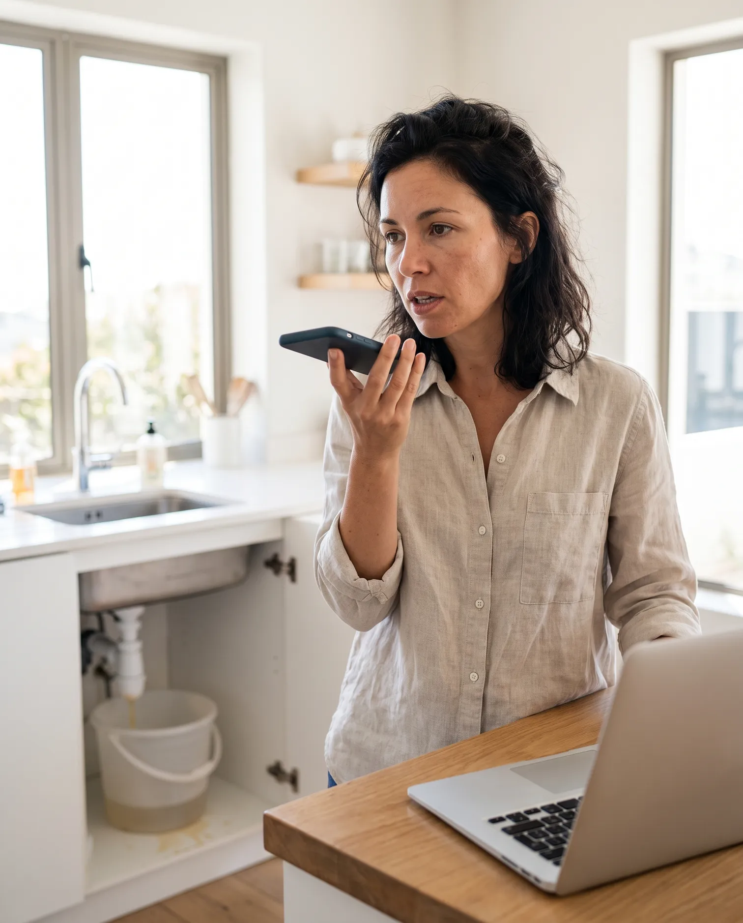 Homeowner using voice search on her phone to find a local plumber