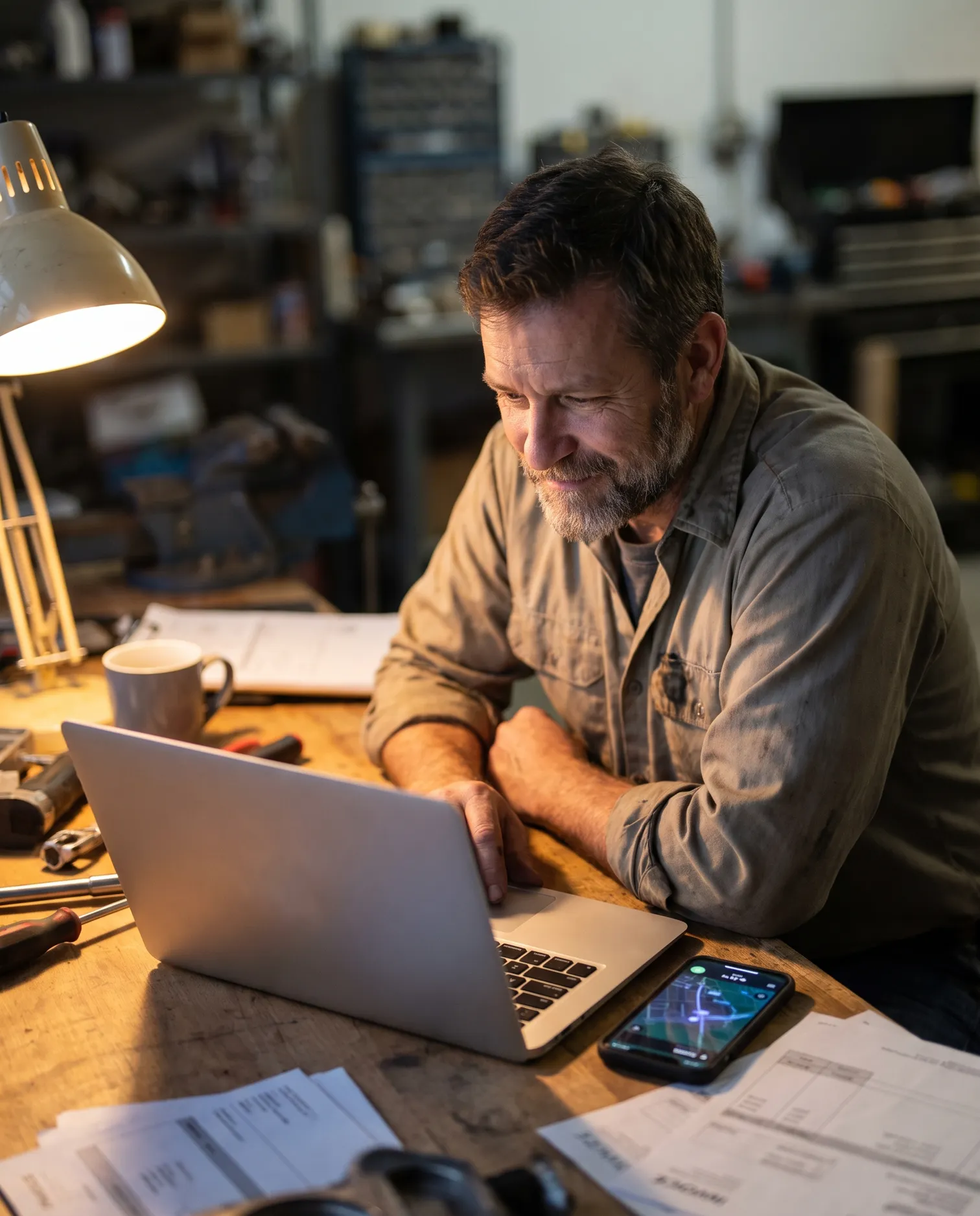 Local service business owner at his workshop desk updating his business listing on a laptop
