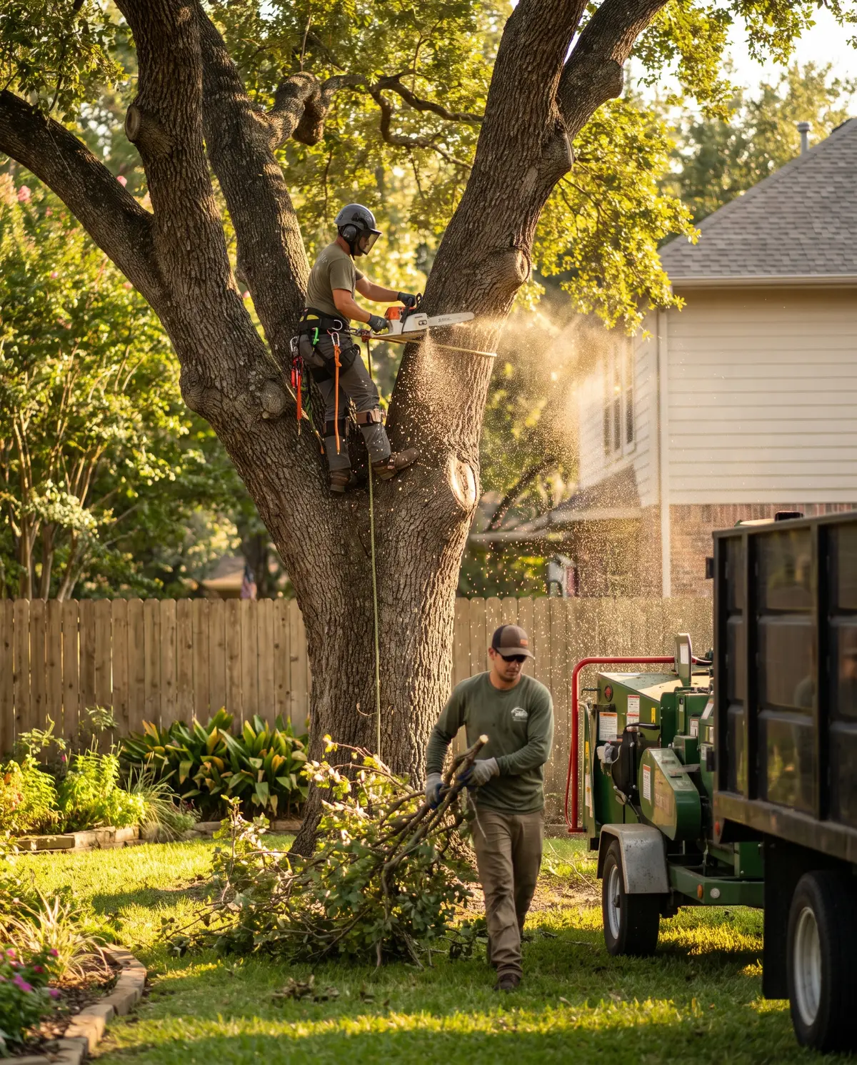 Tree service crew removing a large oak, arborist in harness working with a chainsaw