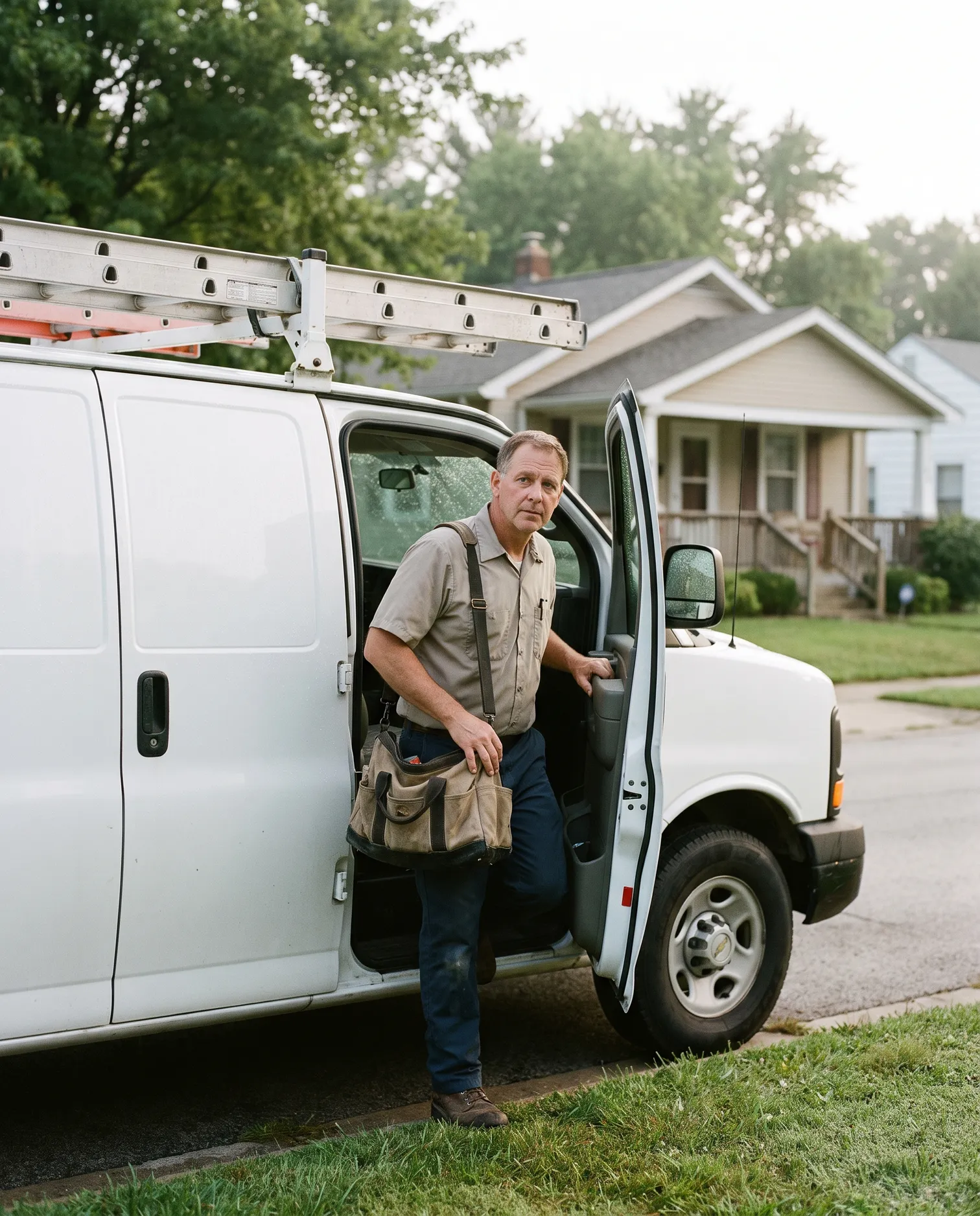 Service technician stepping out of his work van at a customer's home
