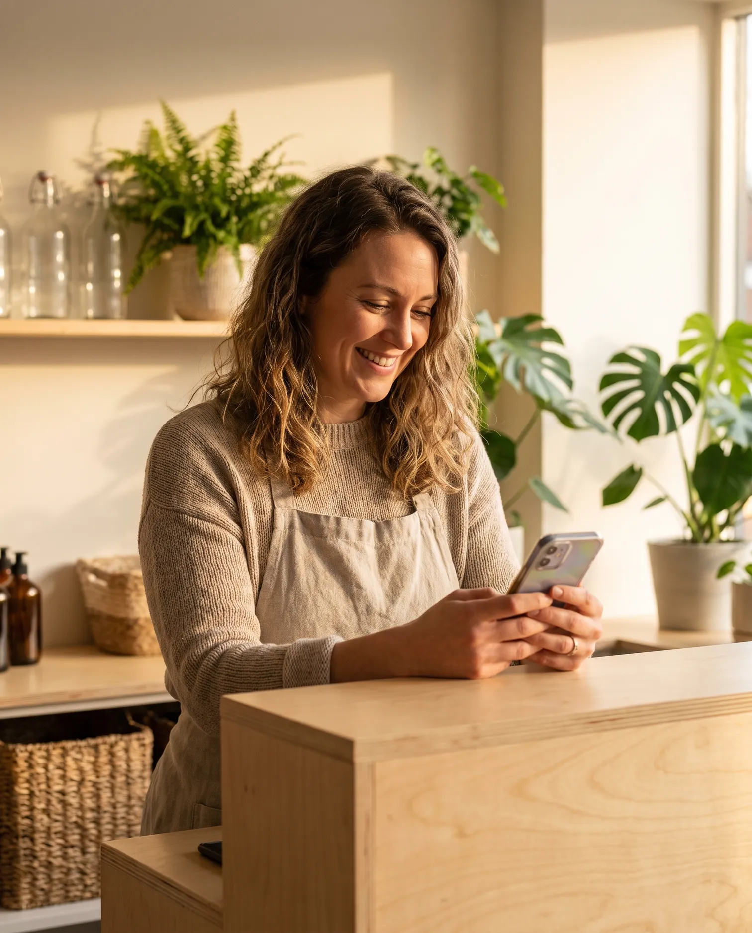 Salon owner behind her reception desk checking a new booking notification on her phone