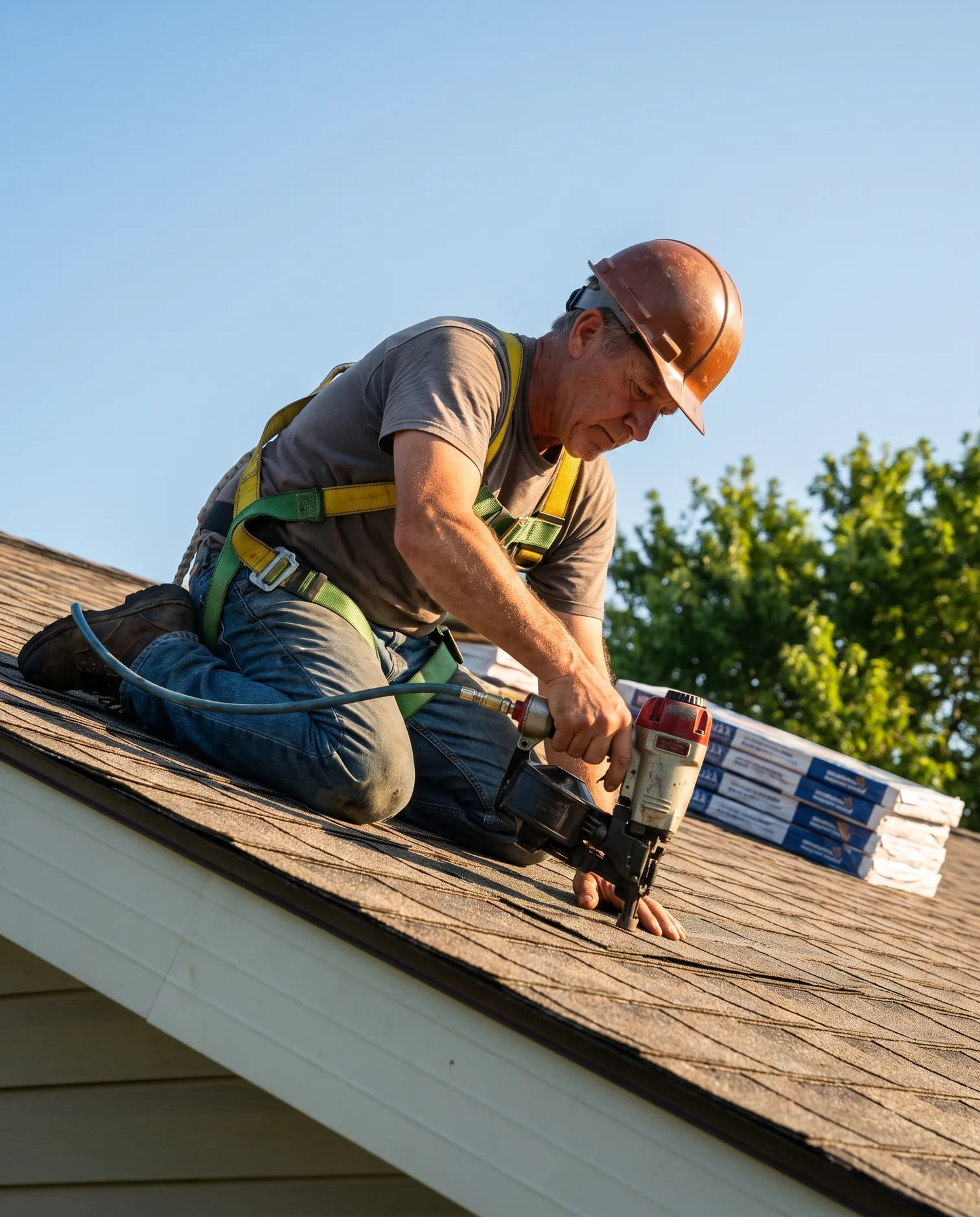 Roofer in a hard hat and harness installing new shingles on a residential roof
