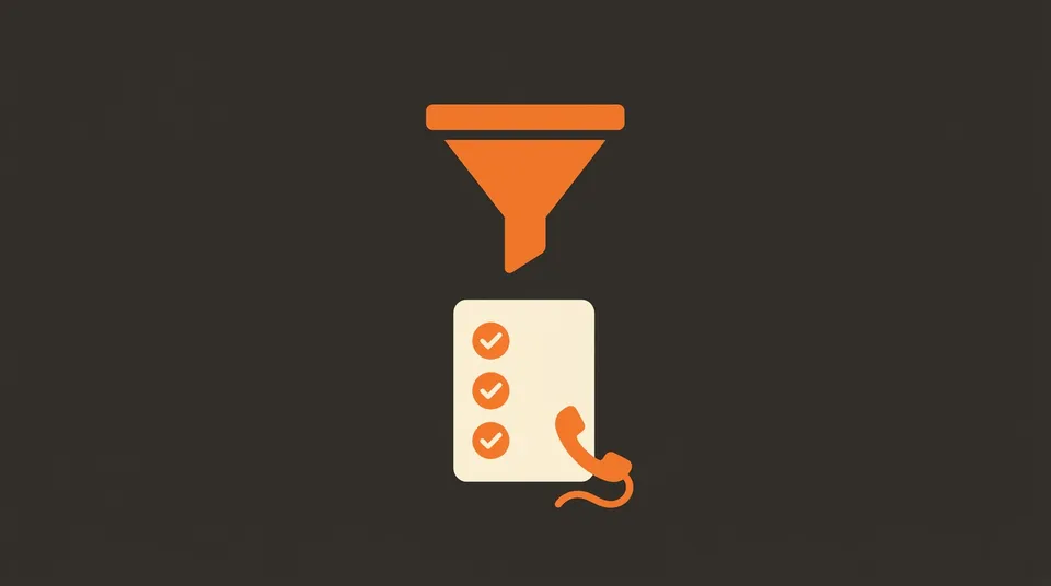 Illustration of a funnel feeding a checklist and phone, representing lead tracking