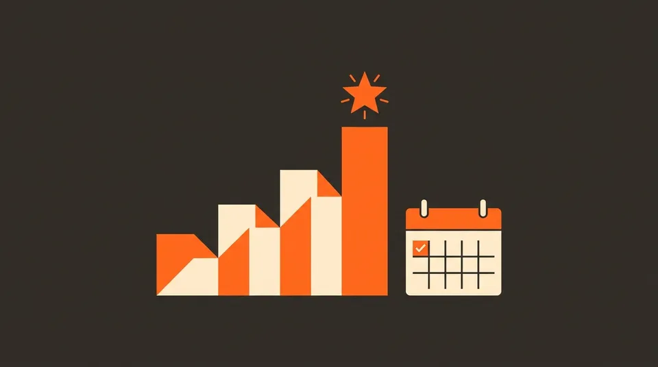 Illustration of a rising bar chart with a star and calendar, representing the monthly review
