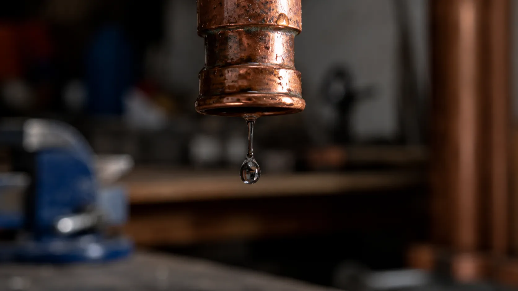 Close-up of a dripping copper pipe illustrating a common leak affecting HVAC systems, highlighting website