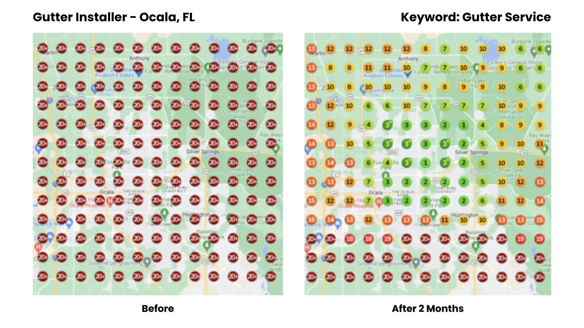 Mapa de posicionamiento SEO local mostrando el antes y el después de la optimización para