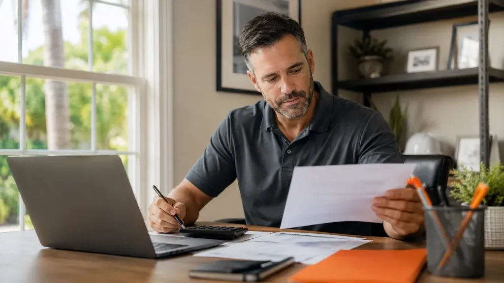 HVAC business owner reviewing financial documents and SEO ROI calculations on a laptop, illustrating