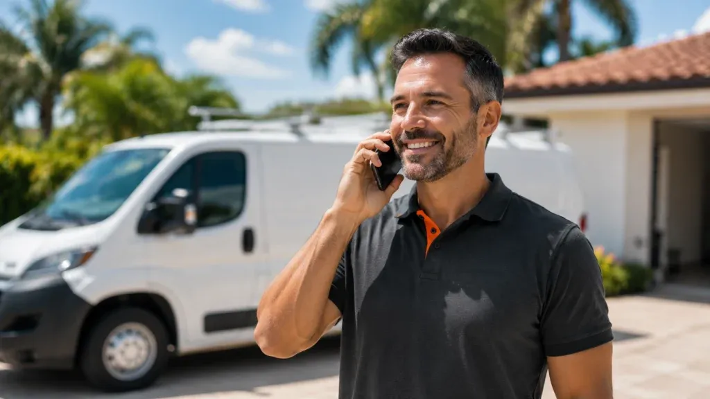 Smiling HVAC technician speaking on a mobile phone in front of a white service van