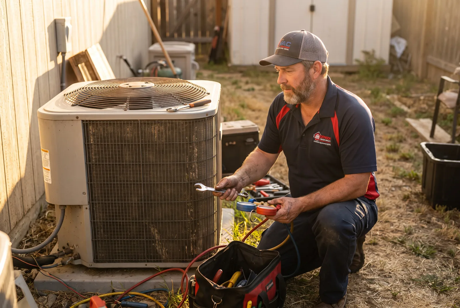 Técnico de HVAC trabajando en una unidad de aire acondicionado en el exterior, utilizando herramientas