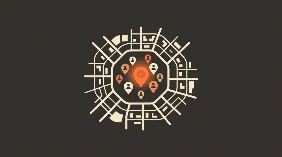 Mapa estilizado que ilustra la segmentación de públicos locales, destacando ubicaciones y personas, representando cómo