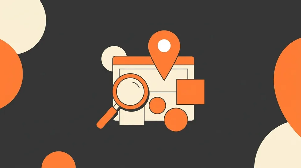Ilustración de un marcador de mapa con una lupa, representando el posicionamiento en Google Maps