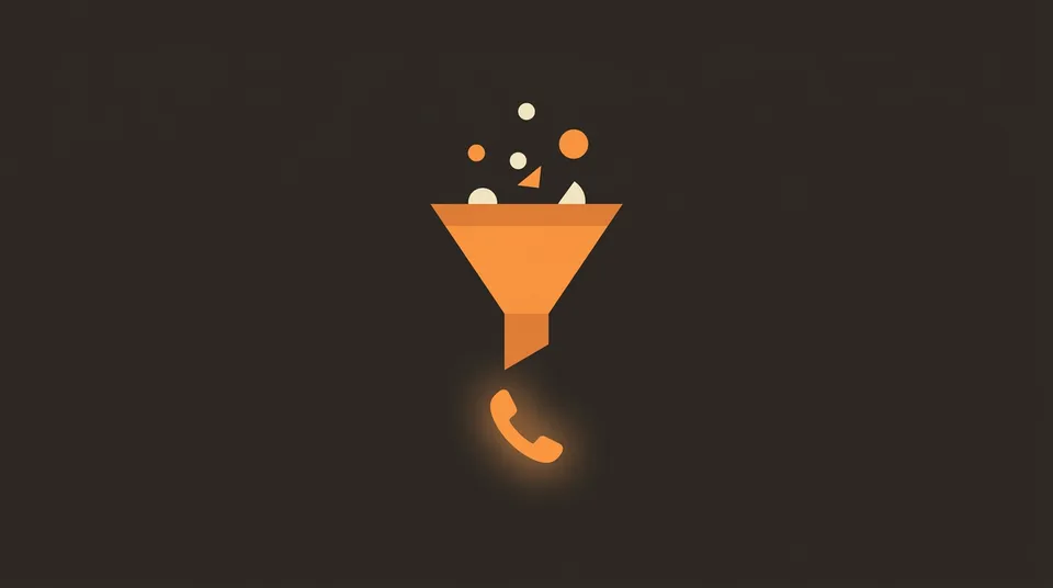 Embudo digital naranja que canaliza visitantes hacia un icono de teléfono, representando la conversión de