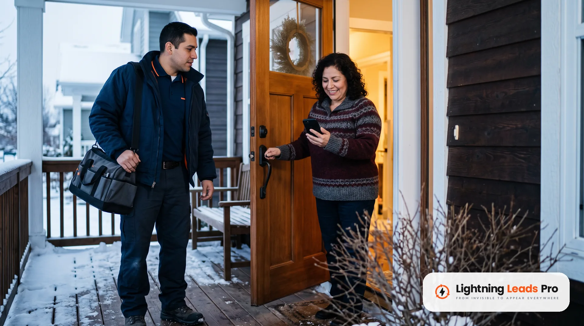 HVAC technician at a front door on a winter day while the homeowner checks her phone